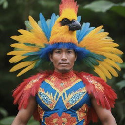 An enggang bird from Kalimantan adorned with a stunning superhero costume, radiating strength and vibrant tropical colors.