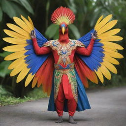 An enggang bird from Kalimantan adorned with a stunning superhero costume, radiating strength and vibrant tropical colors.