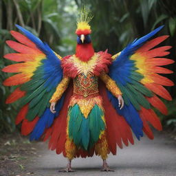 An enggang bird from Kalimantan adorned with a stunning superhero costume, radiating strength and vibrant tropical colors.