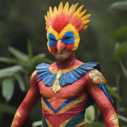 An enggang bird from Kalimantan adorned with a stunning superhero costume, radiating strength and vibrant tropical colors.