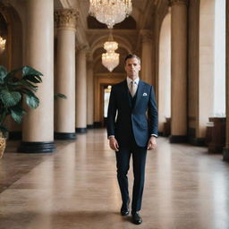 A sophisticated gentleman in a tailored suit, standing confidently amidst lavish surroundings, hinting at opulence and wealth.