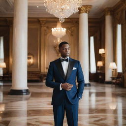 A sophisticated gentleman in a tailored suit, standing confidently amidst lavish surroundings, hinting at opulence and wealth.