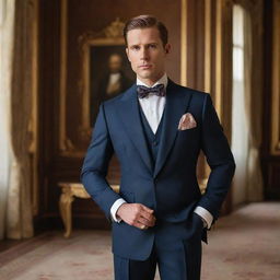 A sophisticated gentleman in a tailored suit, standing confidently amidst lavish surroundings, hinting at opulence and wealth.