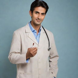 Revise the image to portray the doctor as an attractive Indian man, with distinct Indian features, still positioned at the moment of administering the IV injection