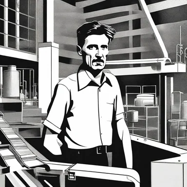 In George Orwell's novel, '1984,' the protagonist, Winston, works in a factory where he mindlessly operates a conveyor belt.