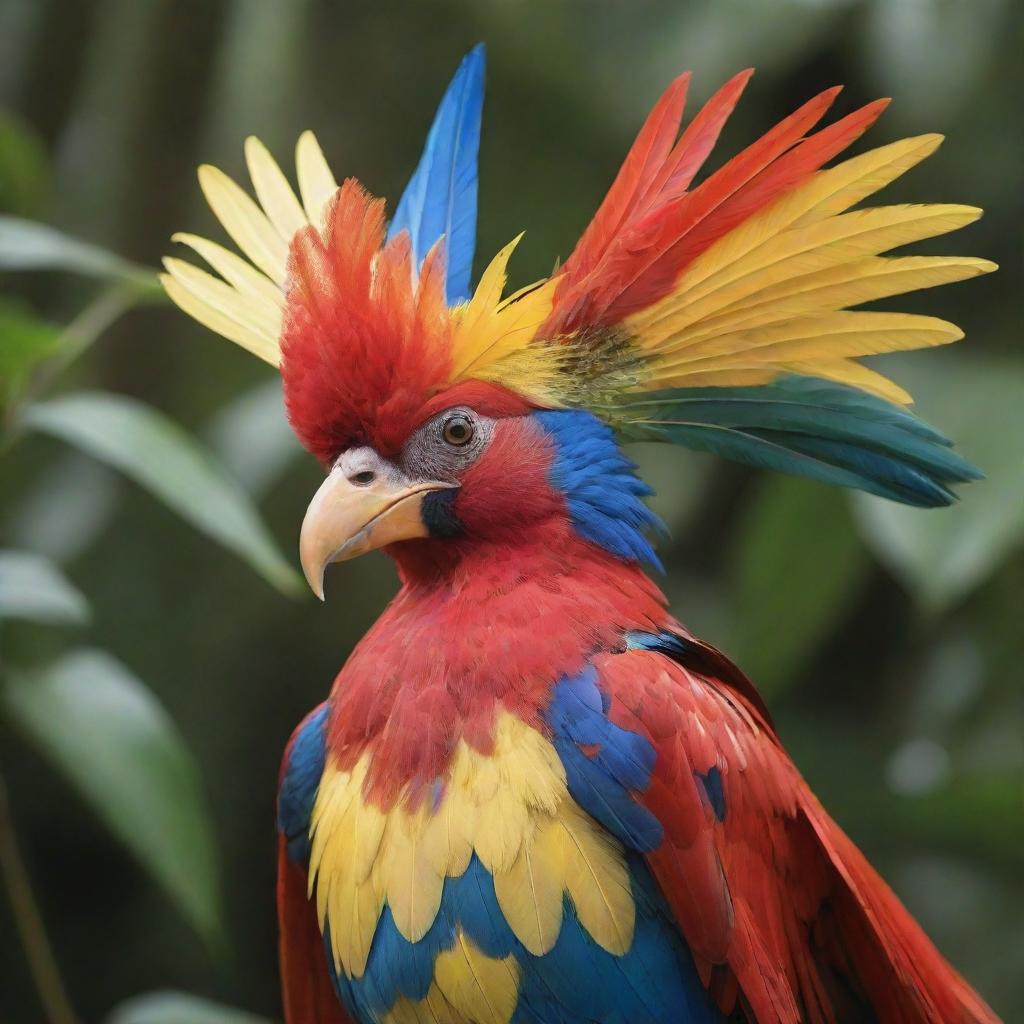 A majestic Enggang bird from Kalimantan dressed in vibrant superhero attire, capturing the essence of both its inherent tropical elegance and thrilling superpowers