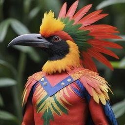 A majestic Enggang bird from Kalimantan dressed in vibrant superhero attire, capturing the essence of both its inherent tropical elegance and thrilling superpowers