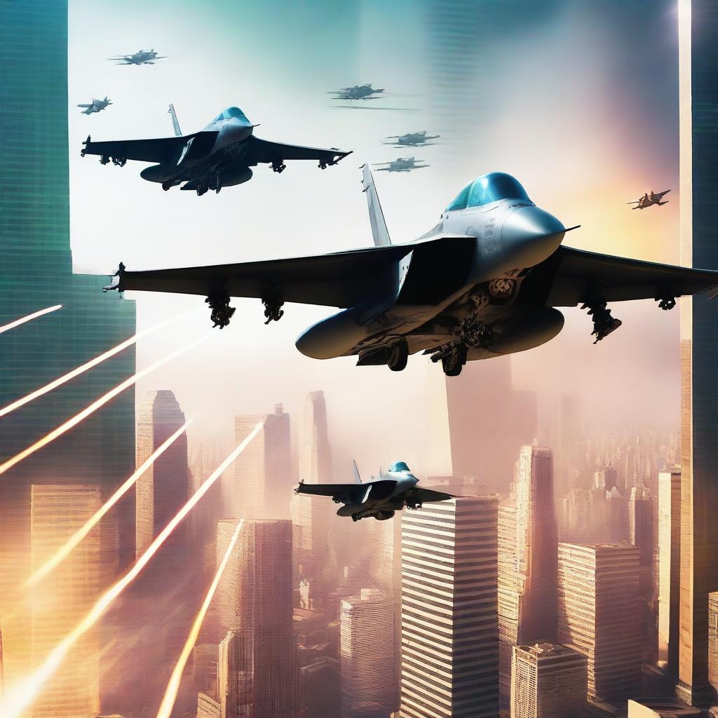 A high-quality digital art image portraying a dramatic scene of security forces firing at all the fighter jets