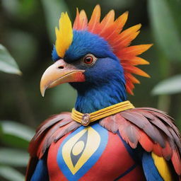 A majestic Enggang bird from Kalimantan dressed in vibrant superhero attire, capturing the essence of both its inherent tropical elegance and thrilling superpowers