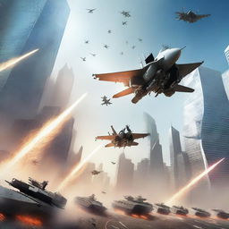 A high-quality digital art image portraying a dramatic scene of security forces firing at all the fighter jets