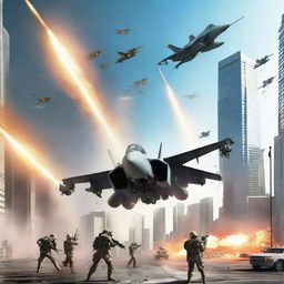 A high-quality digital art image portraying a dramatic scene of security forces firing at all the fighter jets