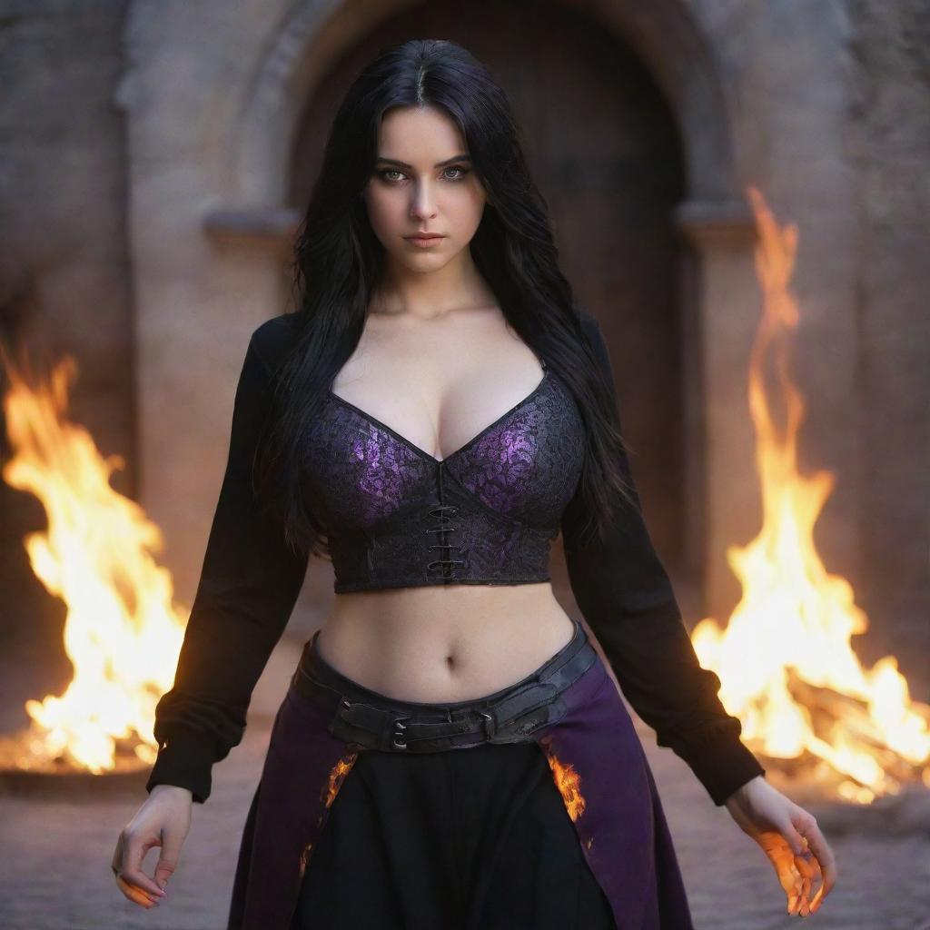 shote by sony alpha ii, medieval beatifull, bigb boobs, sexy full body, black hair girl with purple eyes with fire aura behind, 23 years old, she is a piro controler, black clothes, sexy, piromancer, in ocation place, charmOfTheRealm, hiper realist, high detailed,hd 4k