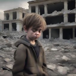 A poignant digital art image captures a young boy crying amidst the rubble of a ruined house