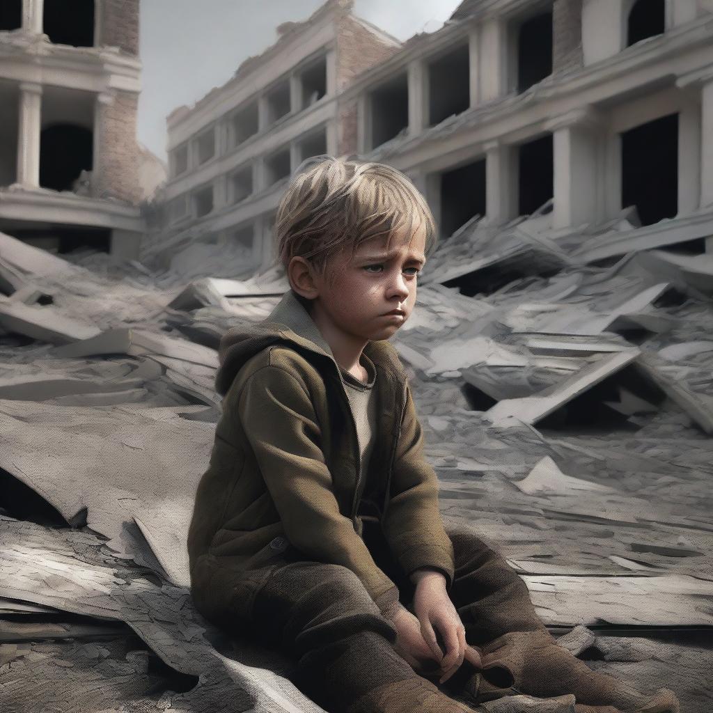 A poignant digital art image captures a young boy crying amidst the rubble of a ruined house