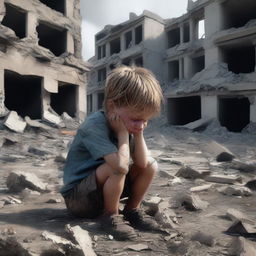 A poignant digital art image captures a young boy crying amidst the rubble of a ruined house