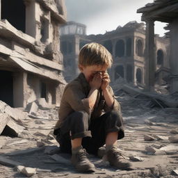 A poignant digital art image captures a young boy crying amidst the rubble of a ruined house