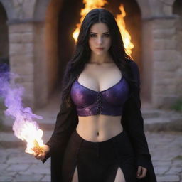 shote by sony alpha ii, medieval beatifull, bigb boobs, sexy full body, black hair girl with purple eyes with fire aura behind, 23 years old, she is a piro controler, black clothes, sexy, piromancer, in ocation place, charmOfTheRealm, hiper realist, high detailed,hd 4k