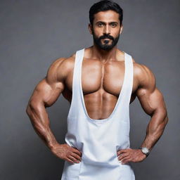 Modify the previous image to reflect the Indian doctor as muscular and robust, his athletic physique visible even under his professional attire