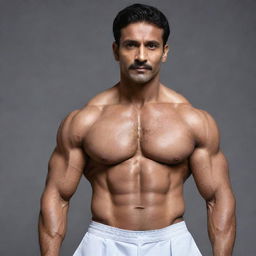 Modify the previous image to reflect the Indian doctor as muscular and robust, his athletic physique visible even under his professional attire