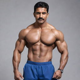 Modify the previous image to reflect the Indian doctor as muscular and robust, his athletic physique visible even under his professional attire