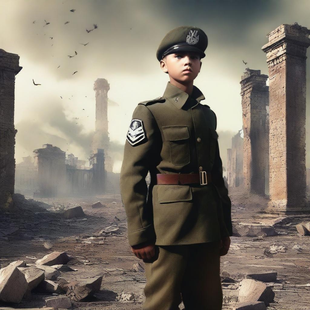 A striking digital art image depicting the same boy, now a grown man, standing strong as a formidable war commander