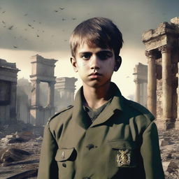 A striking digital art image depicting the same boy, now a grown man, standing strong as a formidable war commander