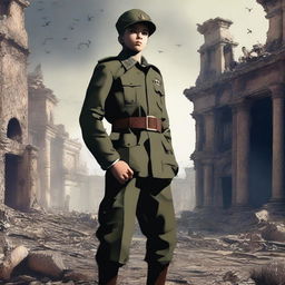 A striking digital art image depicting the same boy, now a grown man, standing strong as a formidable war commander