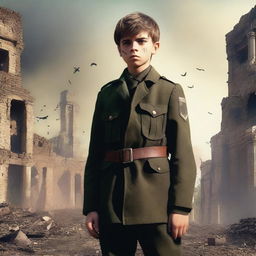 A striking digital art image depicting the same boy, now a grown man, standing strong as a formidable war commander