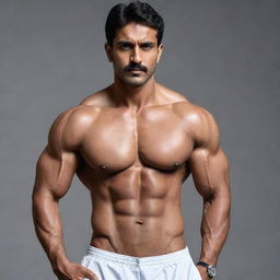 Modify the previous image to reflect the Indian doctor as muscular and robust, his athletic physique visible even under his professional attire