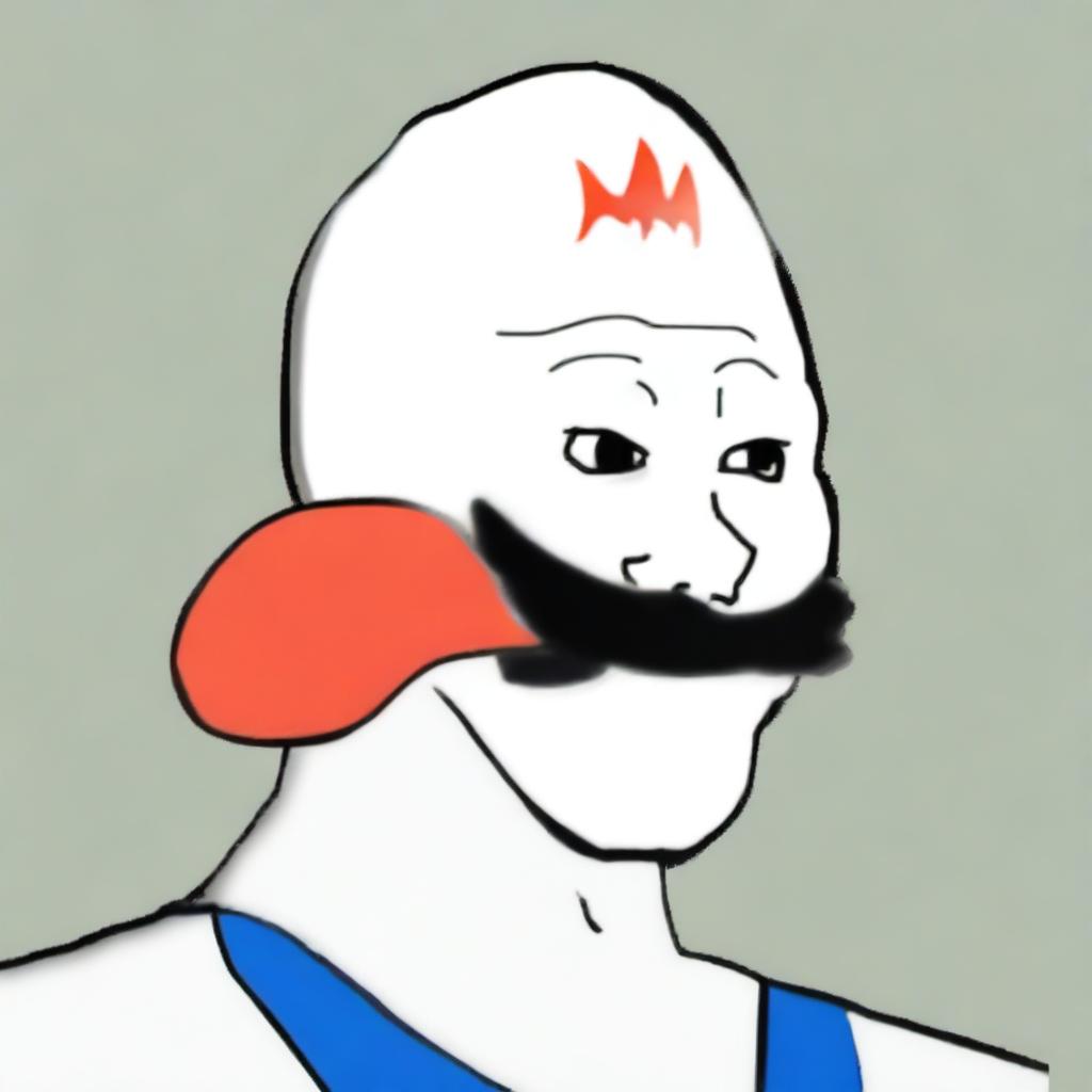 A high-resolution digital art image that portrays the popular internet character Wojak, styled in the classic Super Mario attire