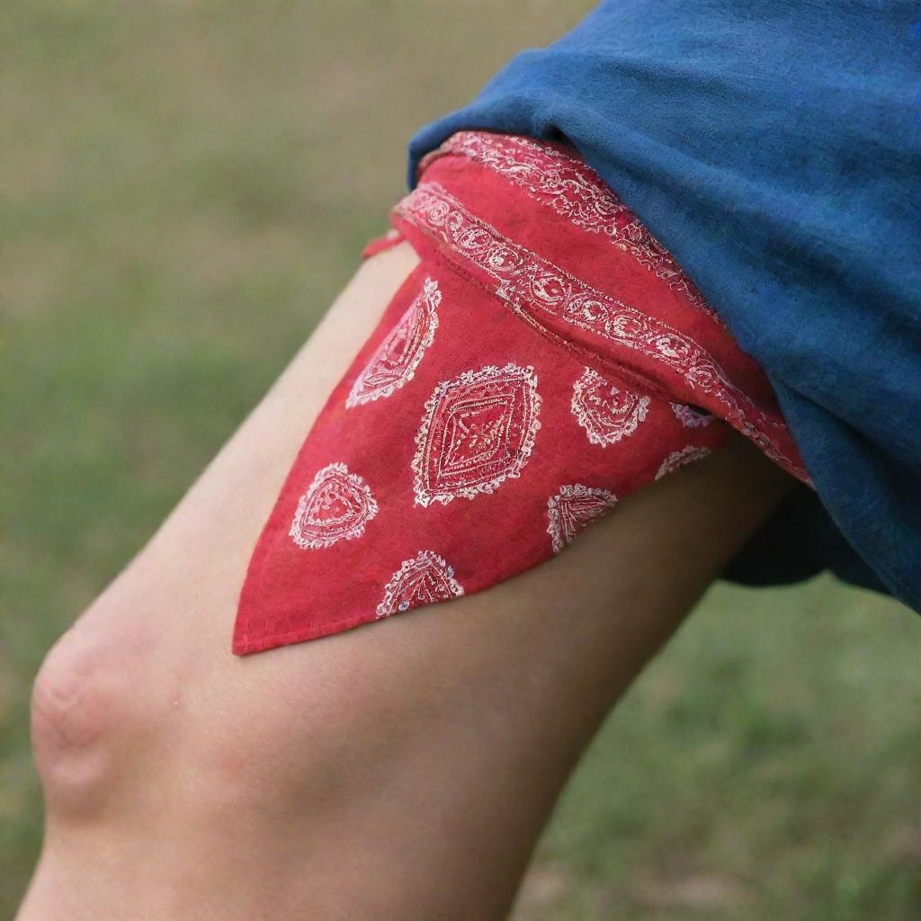 A detailed image of a bandana tied around someone's knee.