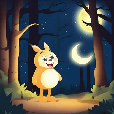 In the moony night, the cartoon character glowed brightly as he sneaked through the dark forest.