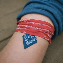A detailed image of a bandana tied around someone's knee.