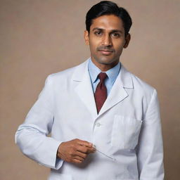 Adjust the image to show the muscular Indian doctor dressed in traditional 1940s medical attire; a crisp, white lab coat, trousers, and a tie, holding the IV needle