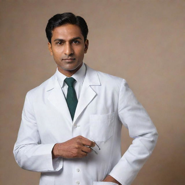 Adjust the image to show the muscular Indian doctor dressed in traditional 1940s medical attire; a crisp, white lab coat, trousers, and a tie, holding the IV needle