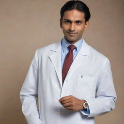 Adjust the image to show the muscular Indian doctor dressed in traditional 1940s medical attire; a crisp, white lab coat, trousers, and a tie, holding the IV needle