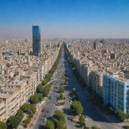 A vibrant, bustling cityscape of Tehran, Iran in an alternate timeline where the revolution did not occur. Modern architecture mingles with traditional Iranian elements under clear blue skies.