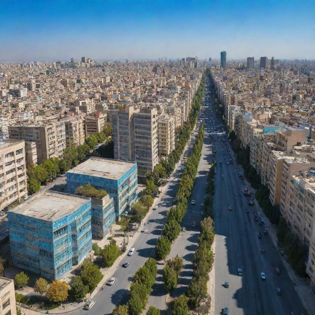 A vibrant, bustling cityscape of Tehran, Iran in an alternate timeline where the revolution did not occur. Modern architecture mingles with traditional Iranian elements under clear blue skies.