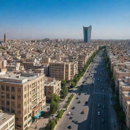 A vibrant, bustling cityscape of Tehran, Iran in an alternate timeline where the revolution did not occur. Modern architecture mingles with traditional Iranian elements under clear blue skies.