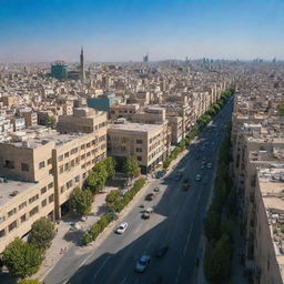 A vibrant, bustling cityscape of Tehran, Iran in an alternate timeline where the revolution did not occur. Modern architecture mingles with traditional Iranian elements under clear blue skies.