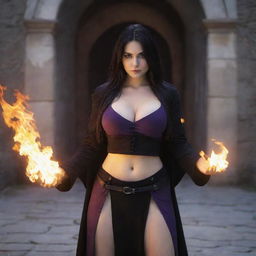 shote by sony alpha ii, medieval beatifull, bigb boobs, sexy full body, black hair girl with purple eyes with fire aura behind, 23 years old, she is a piro controler, black clothes, sexy, piromancer, in ocation place, charmOfTheRealm, hiper realist, high detailed,hd 4k