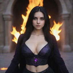 shote by sony alpha ii, medieval beatifull, bigb boobs, sexy full body, black hair girl with purple eyes with fire aura behind, 23 years old, she is a piro controler, black clothes, sexy, piromancer, in ocation place, charmOfTheRealm, hiper realist, high detailed,hd 4k