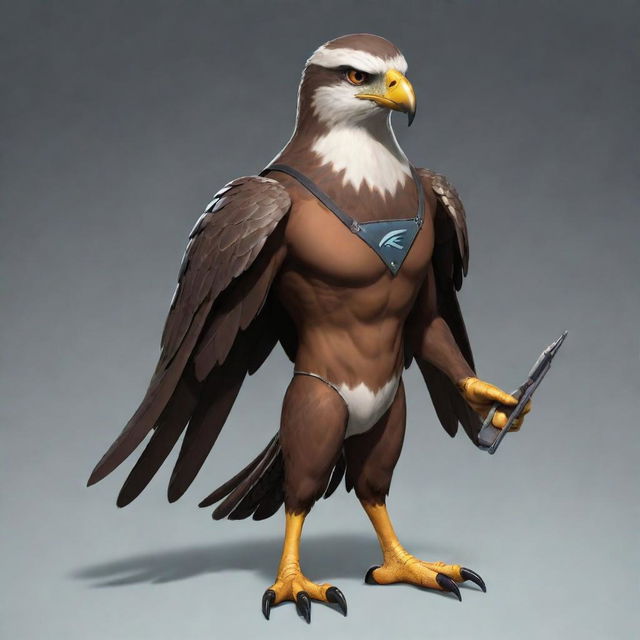 Design a 2D mascot, a sleek and sharp hawk named ReactHawk. Characterized by keen eyes, focused demeanor and a clipboard in its talons, it should symbolize precision and vigilance in reactions and tier lists, providing an insightful journey through ratings.