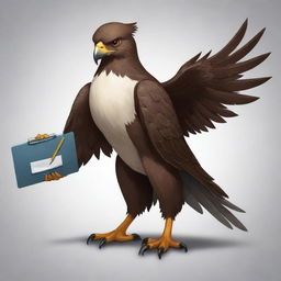 Design a 2D mascot, a sleek and sharp hawk named ReactHawk. Characterized by keen eyes, focused demeanor and a clipboard in its talons, it should symbolize precision and vigilance in reactions and tier lists, providing an insightful journey through ratings.