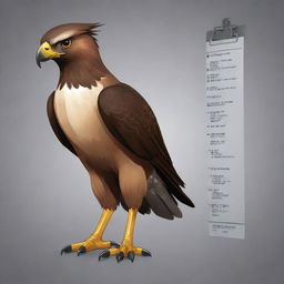 Design a 2D mascot, a sleek and sharp hawk named ReactHawk. Characterized by keen eyes, focused demeanor and a clipboard in its talons, it should symbolize precision and vigilance in reactions and tier lists, providing an insightful journey through ratings.