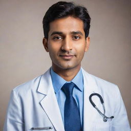 A striking image of a handsome Indian doctor, his features marked by a distinctive charm and kindness, professionally dressed in medical attire