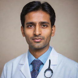 A striking image of a handsome Indian doctor, his features marked by a distinctive charm and kindness, professionally dressed in medical attire