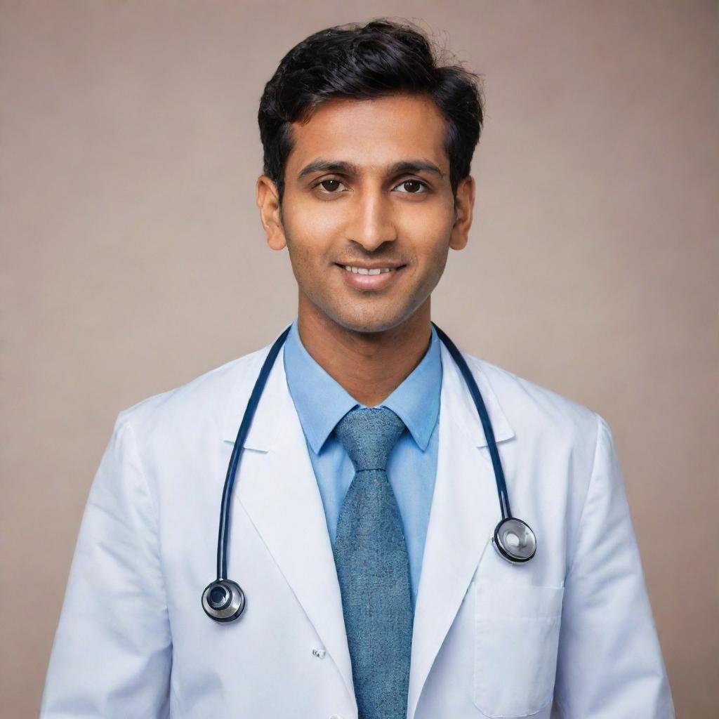 A striking image of a handsome Indian doctor, his features marked by a distinctive charm and kindness, professionally dressed in medical attire