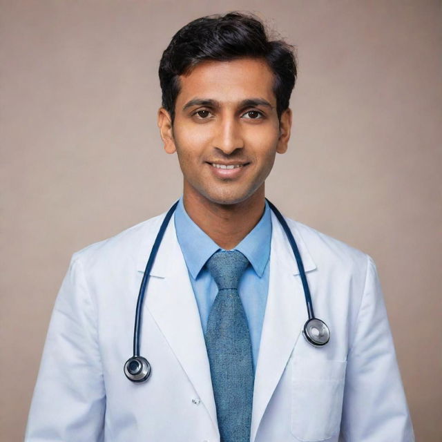 A striking image of a handsome Indian doctor, his features marked by a distinctive charm and kindness, professionally dressed in medical attire