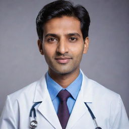 A striking image of a handsome Indian doctor, his features marked by a distinctive charm and kindness, professionally dressed in medical attire